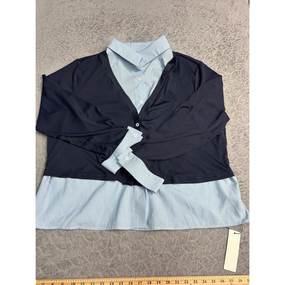 Curvzy‎ 3XL Navy Blue Light Blue Stripe Button Down Shirt Blouse Top